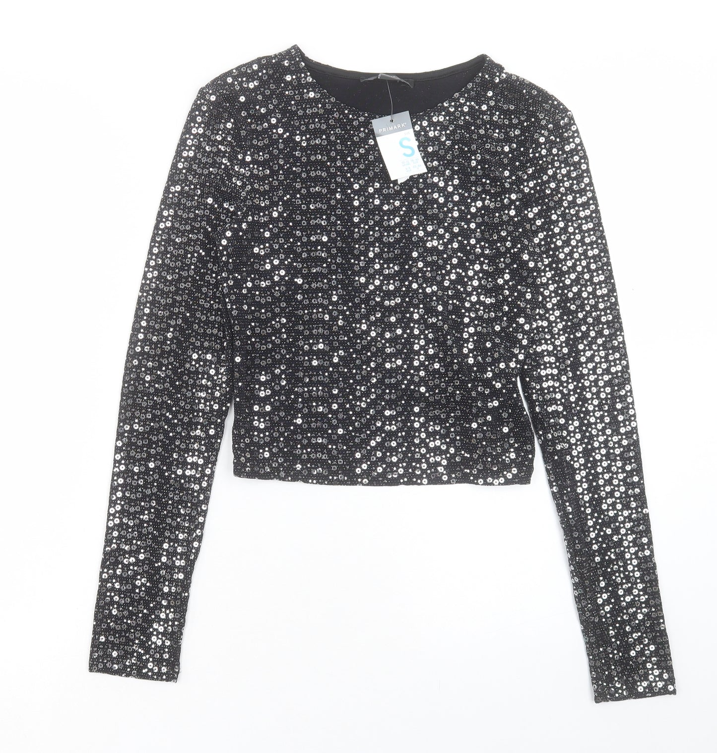 Primark Womens Silver Nylon Cropped T-Shirt Size S Crew Neck - Size 10-12