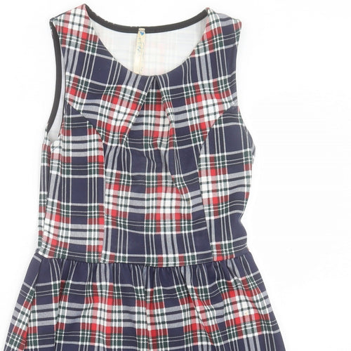 Blue Vanila Womens Blue Plaid Polyester Fit & Flare Size L Crew Neck