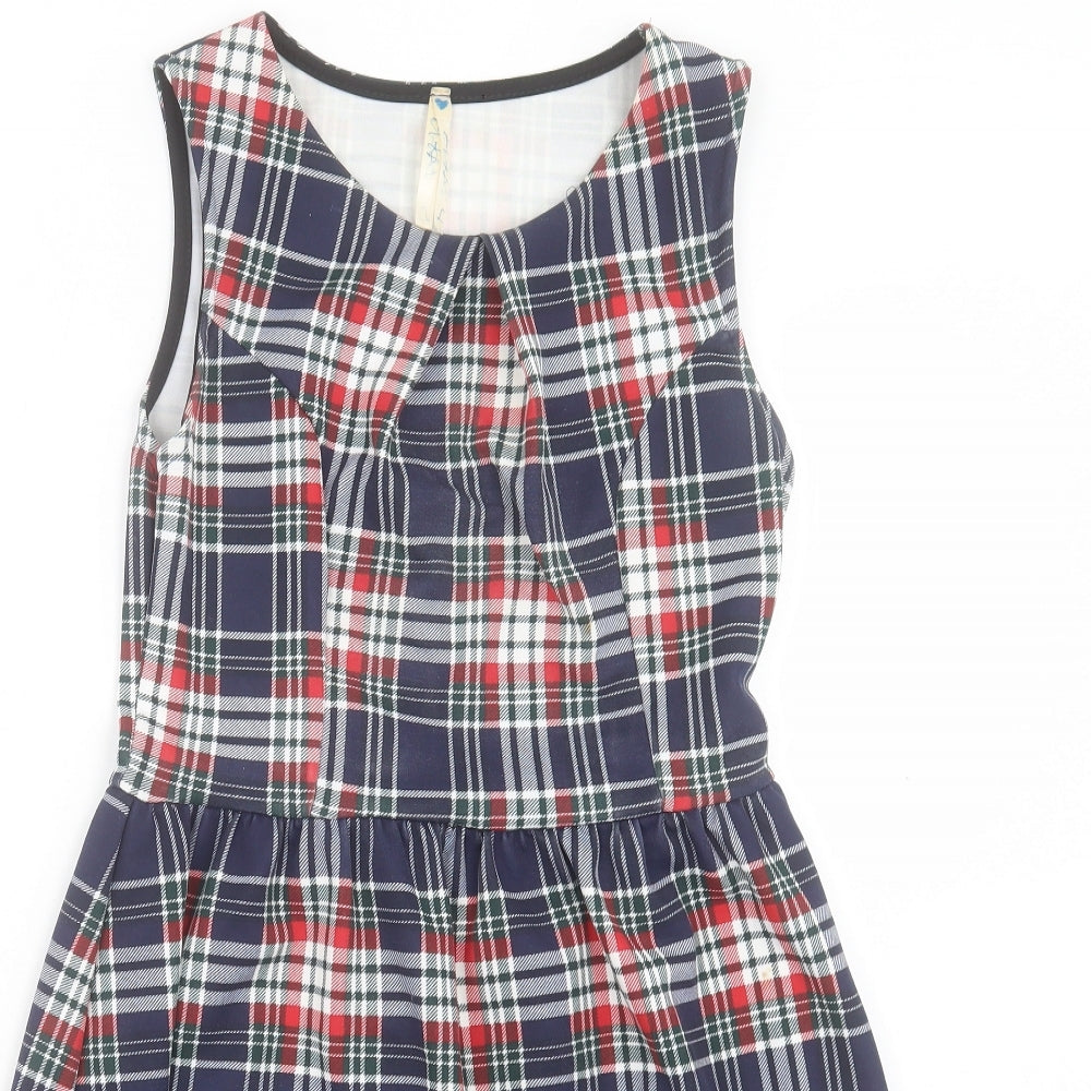 Blue Vanila Womens Blue Plaid Polyester Fit & Flare Size L Crew Neck