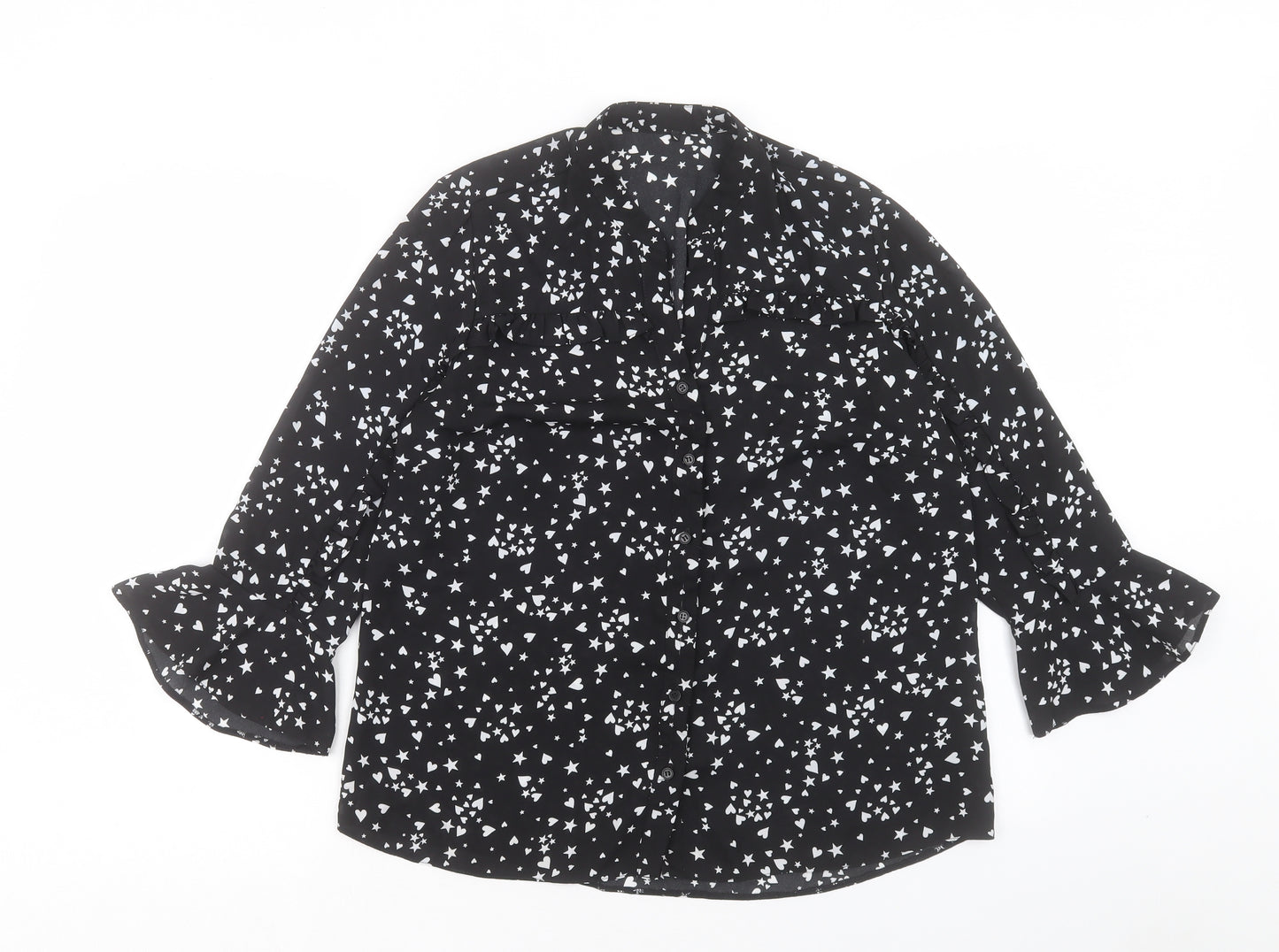Matalan Womens Black Geometric Polyester Basic Button-Up Size 12 V-Neck - Star And Heart Pattern