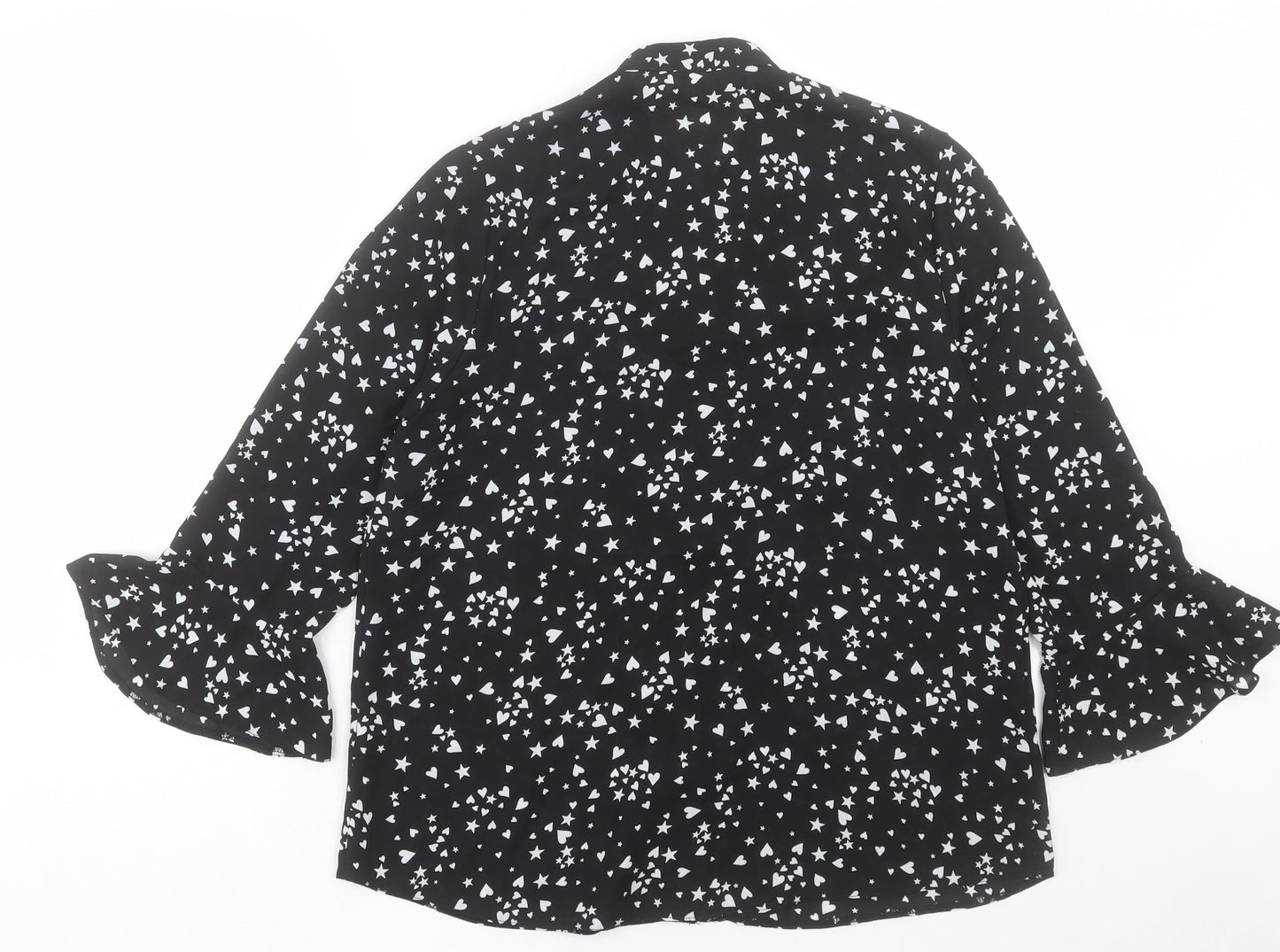 Matalan Womens Black Geometric Polyester Basic Button-Up Size 12 V-Neck - Star And Heart Pattern
