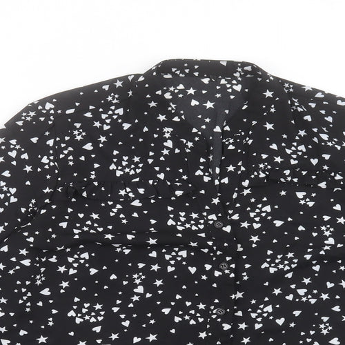 Matalan Womens Black Geometric Polyester Basic Button-Up Size 12 V-Neck - Star And Heart Pattern