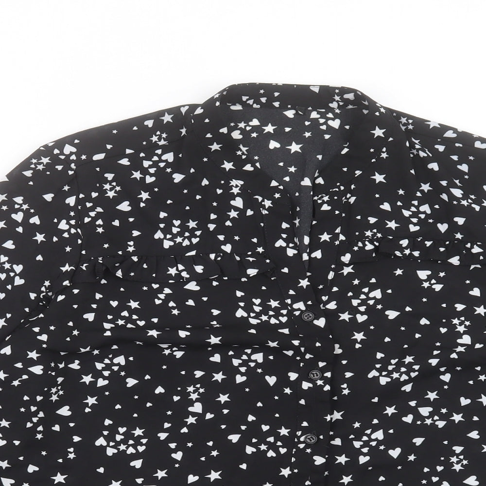 Matalan Womens Black Geometric Polyester Basic Button-Up Size 12 V-Neck - Star And Heart Pattern