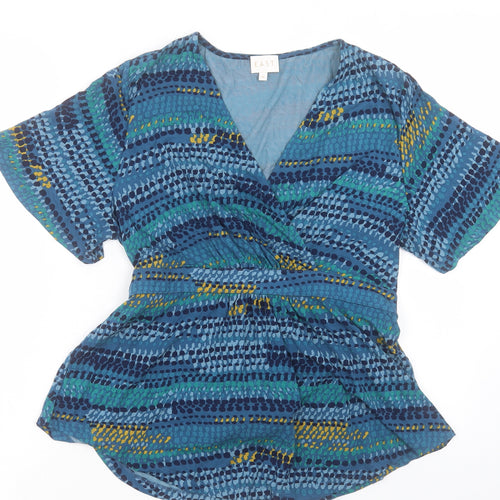 EAST Womens Blue Geometric Viscose Basic T-Shirt Size M V-Neck