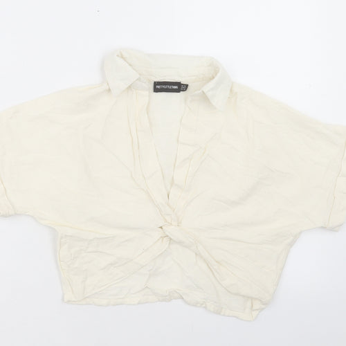 PRETTYLITTLETHING Womens Beige Cotton Cropped Blouse Size 10 V-Neck - Twist Front