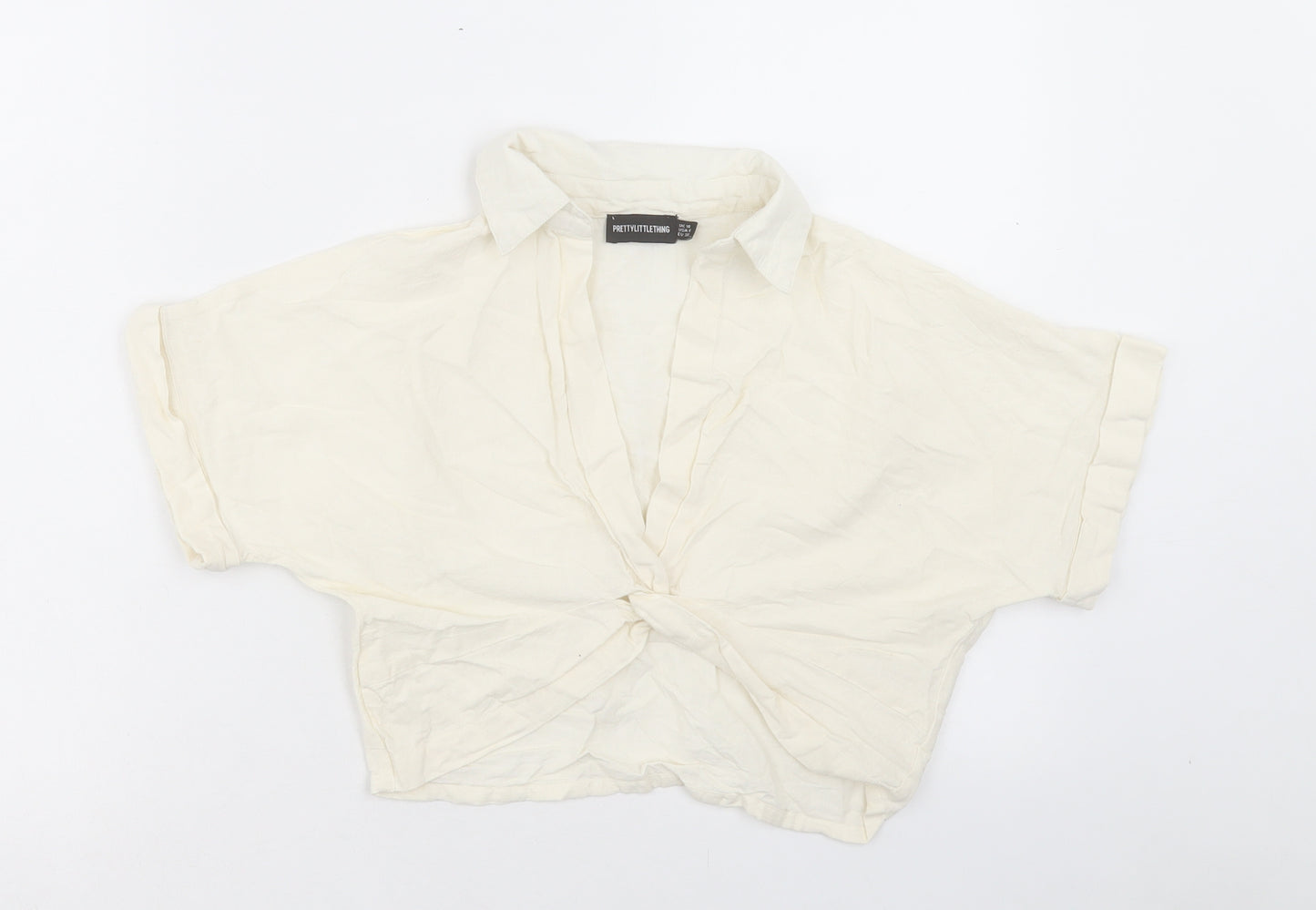 PRETTYLITTLETHING Womens Beige Cotton Cropped Blouse Size 10 V-Neck - Twist Front