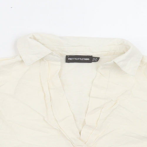 PRETTYLITTLETHING Womens Beige Cotton Cropped Blouse Size 10 V-Neck - Twist Front
