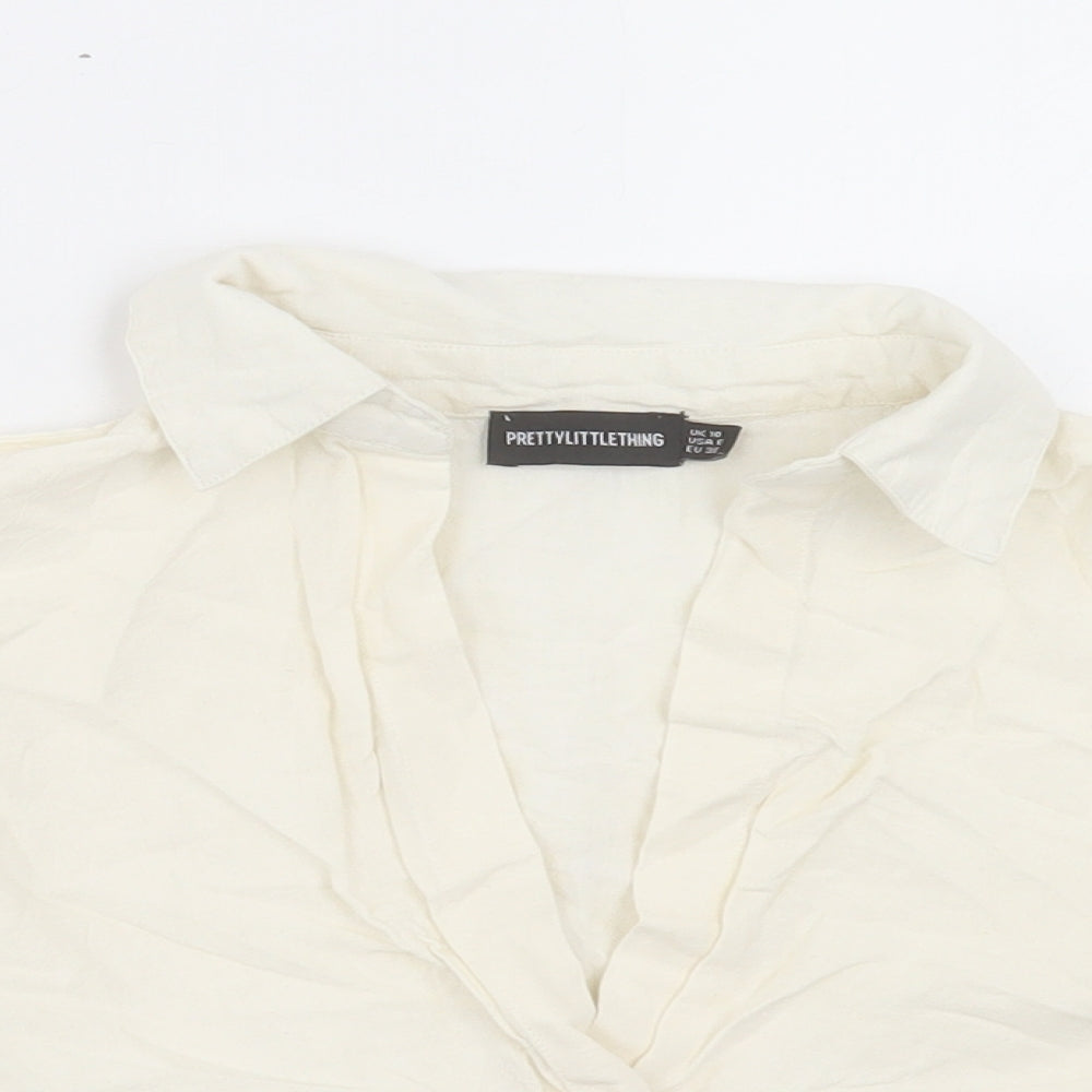 PRETTYLITTLETHING Womens Beige Cotton Cropped Blouse Size 10 V-Neck - Twist Front