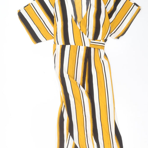 FOREVER 21 Womens Yellow Striped Polyester Wrap Dress Size S V-Neck Tie