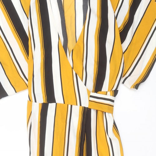 FOREVER 21 Womens Yellow Striped Polyester Wrap Dress Size S V-Neck Tie