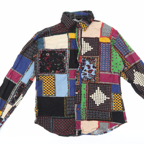 Mansilife Mens Multicoloured Geometric Cotton Button-Up Size L Collared Button - Patchwork