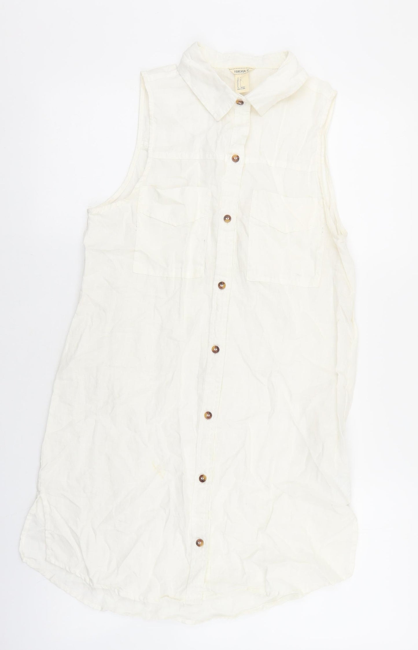 FOREVER 21 Womens Ivory Linen Shirt Dress Size S Collared Button