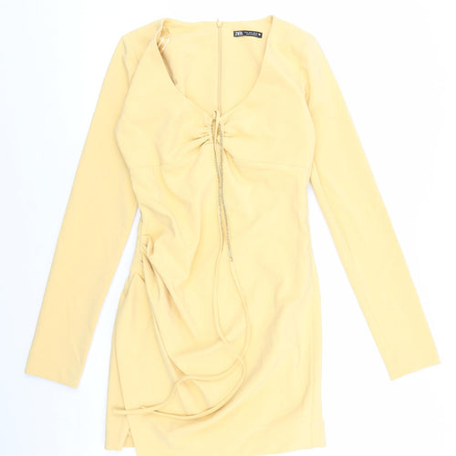 Zara Womens Yellow Polyester Bodycon Size S V-Neck Zip - Glitter Tie Waist. Key Hole