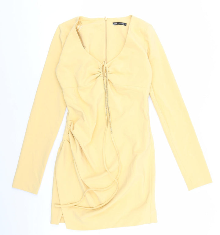 Zara Womens Yellow Polyester Bodycon Size S V-Neck Zip - Glitter Tie Waist. Key Hole