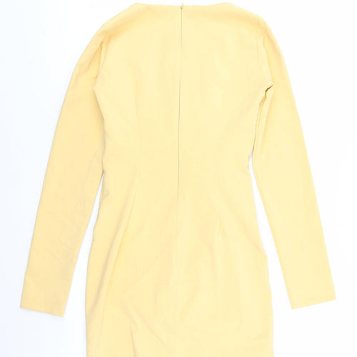 Zara Womens Yellow Polyester Bodycon Size S V-Neck Zip - Glitter Tie Waist. Key Hole