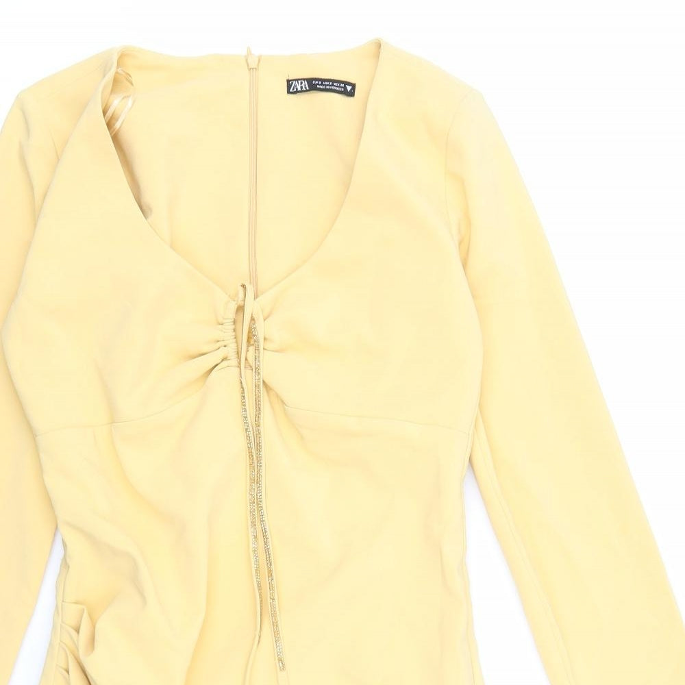 Zara Womens Yellow Polyester Bodycon Size S V-Neck Zip - Glitter Tie Waist. Key Hole