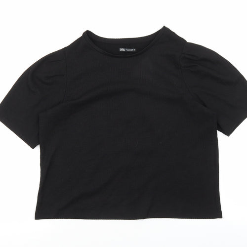 Zara Womens Black Polyester Basic T-Shirt Size L Round Neck - Balloon Sleeves