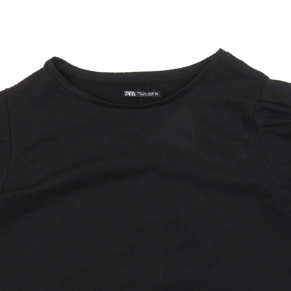 Zara Womens Black Polyester Basic T-Shirt Size L Round Neck - Balloon Sleeves