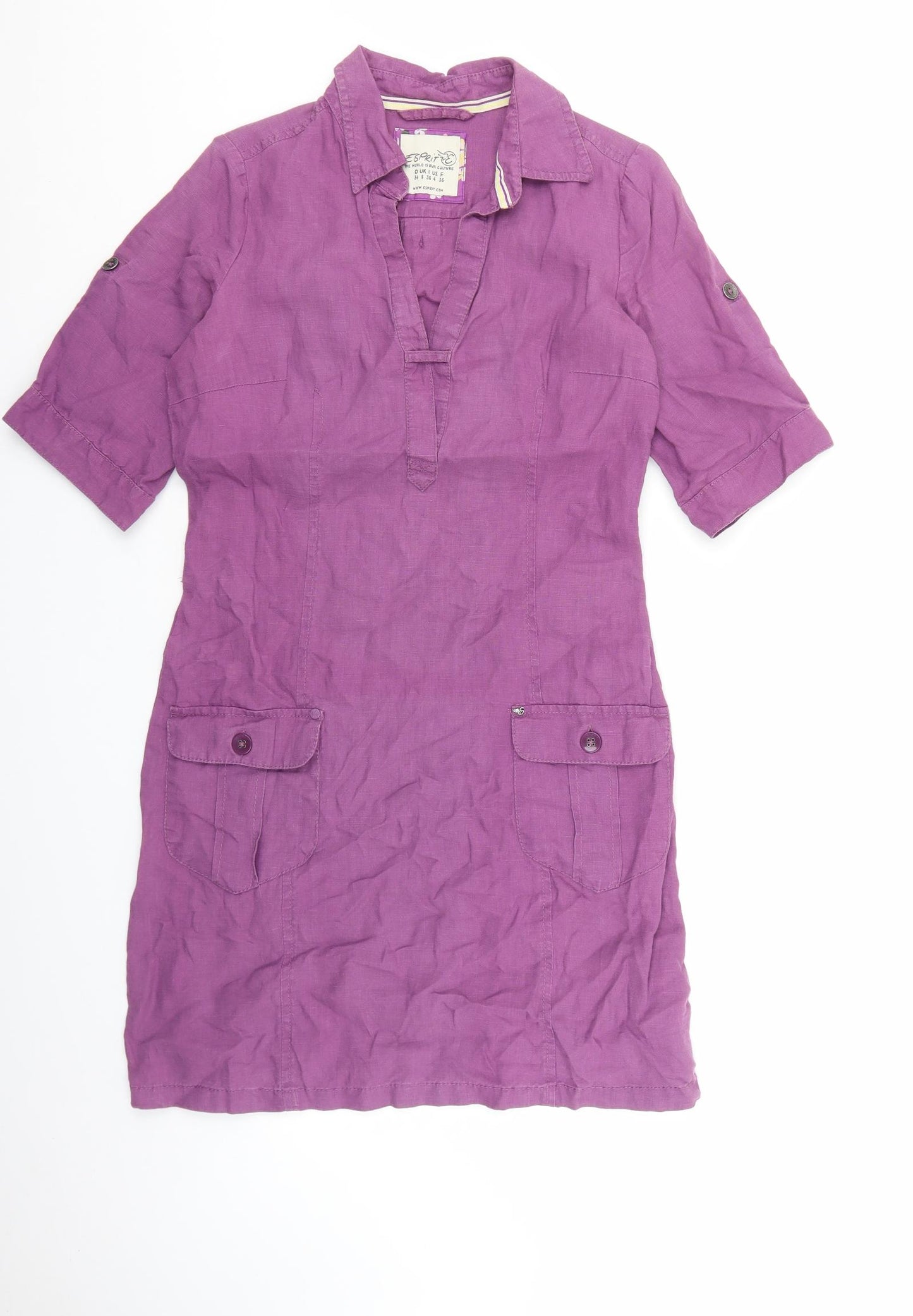 Esprit Womens Purple Linen T-Shirt Dress Size 8 Collared Zip