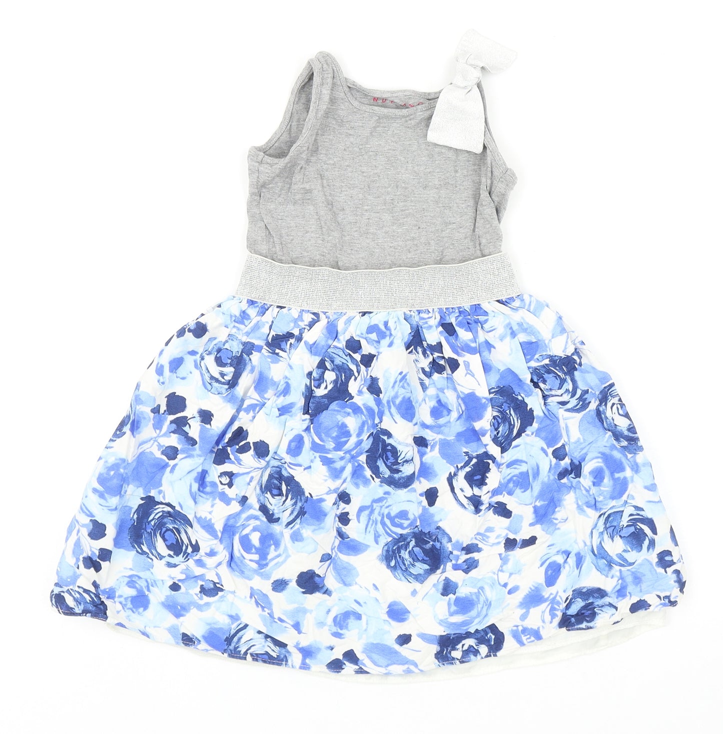 Nutmeg Girls Blue Floral Viscose Fit & Flare Size 5-6 Years Round Neck Pullover