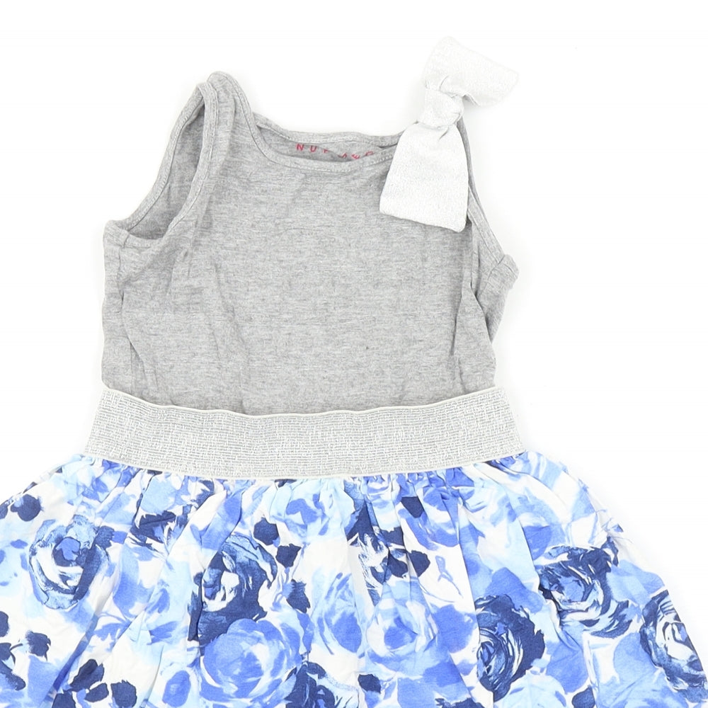 Nutmeg Girls Blue Floral Viscose Fit & Flare Size 5-6 Years Round Neck Pullover