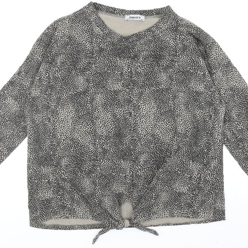 Alexara Womens Grey Animal Print Cotton Basic T-Shirt Size M Round Neck - Leopard Print Tie Detail, UK Size M/L