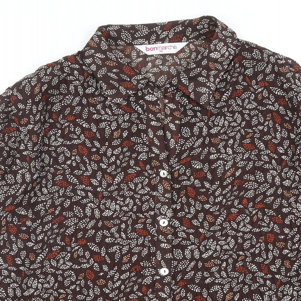 Bonmarché Womens Brown Geometric Polyester Basic Button-Up Size 16 Collared