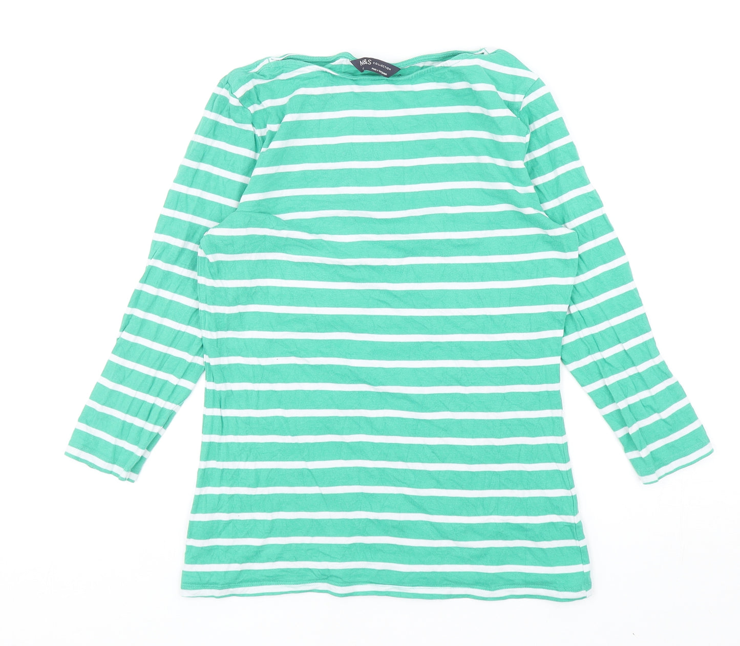 Marks and Spencer Womens Green Striped Cotton Basic T-Shirt Size 10 Boat Neck