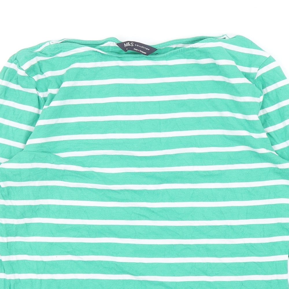 Marks and Spencer Womens Green Striped Cotton Basic T-Shirt Size 10 Boat Neck