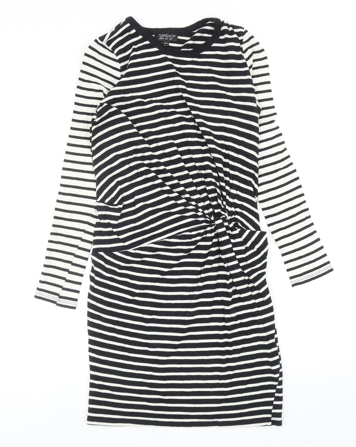 Topshop Womens Black Striped Cotton Bodycon Size 6 Round Neck Pullover - Twist Detail