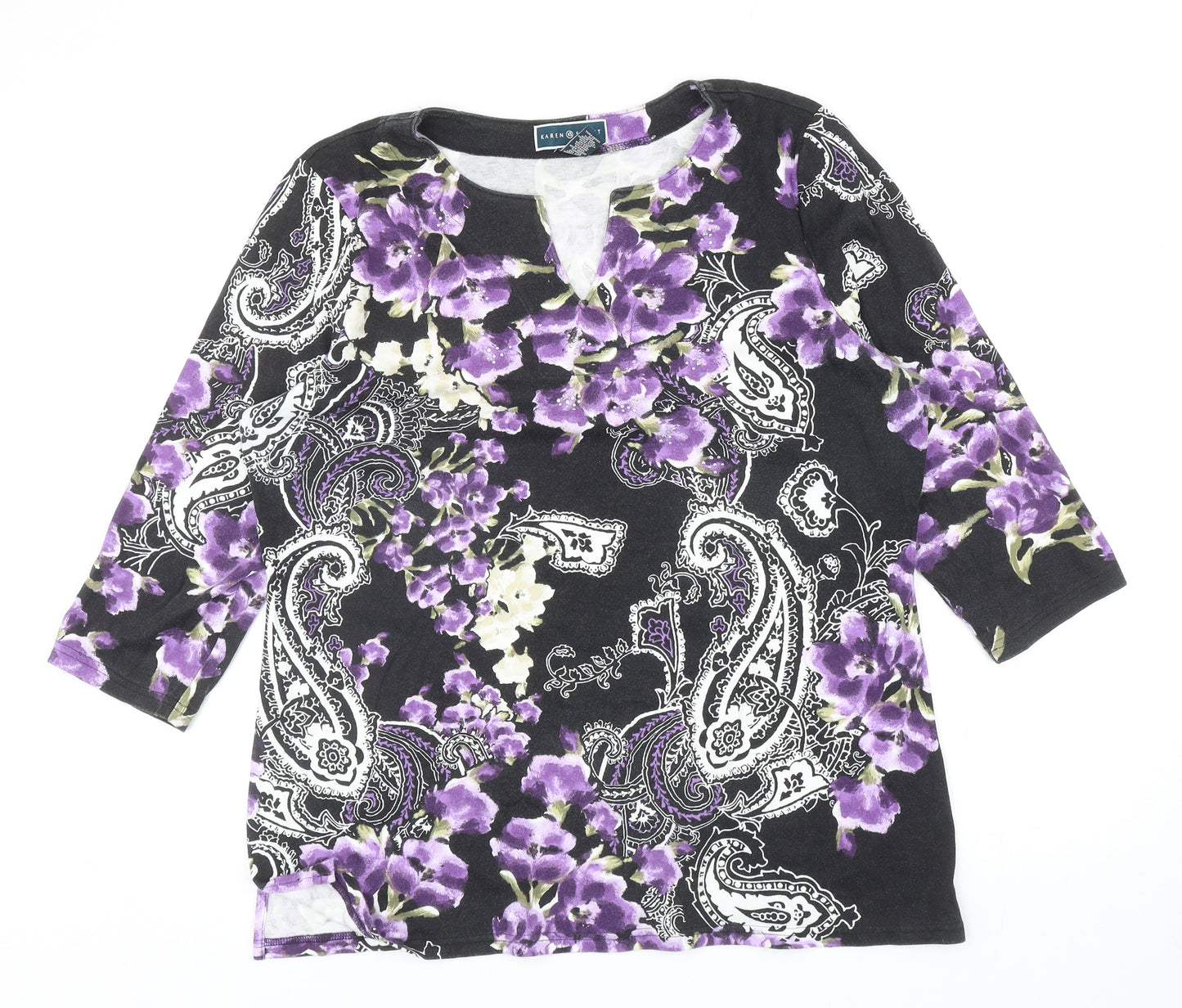 Karen Scott Womens Black Paisley Cotton Basic Blouse Size XL V-Neck - Floral pattern