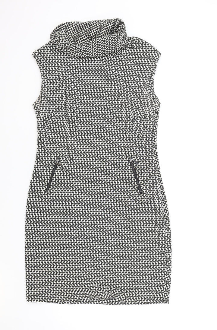 Sabrina Diamanti Womens White Geometric Cotton A-Line Size XL Roll Neck Zip