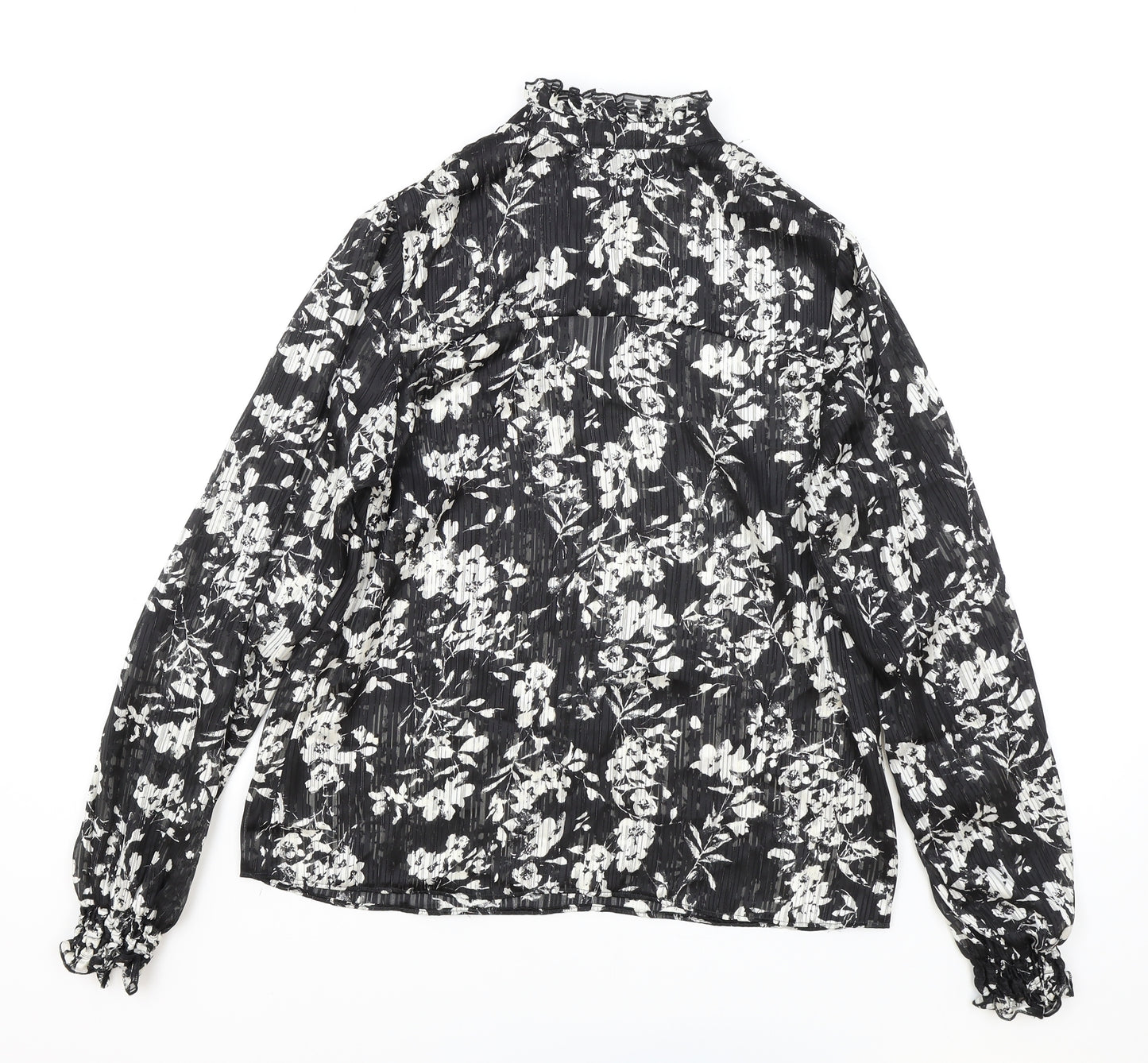 M&Co Womens Black Floral Polyester Basic Blouse Size 8 High Neck