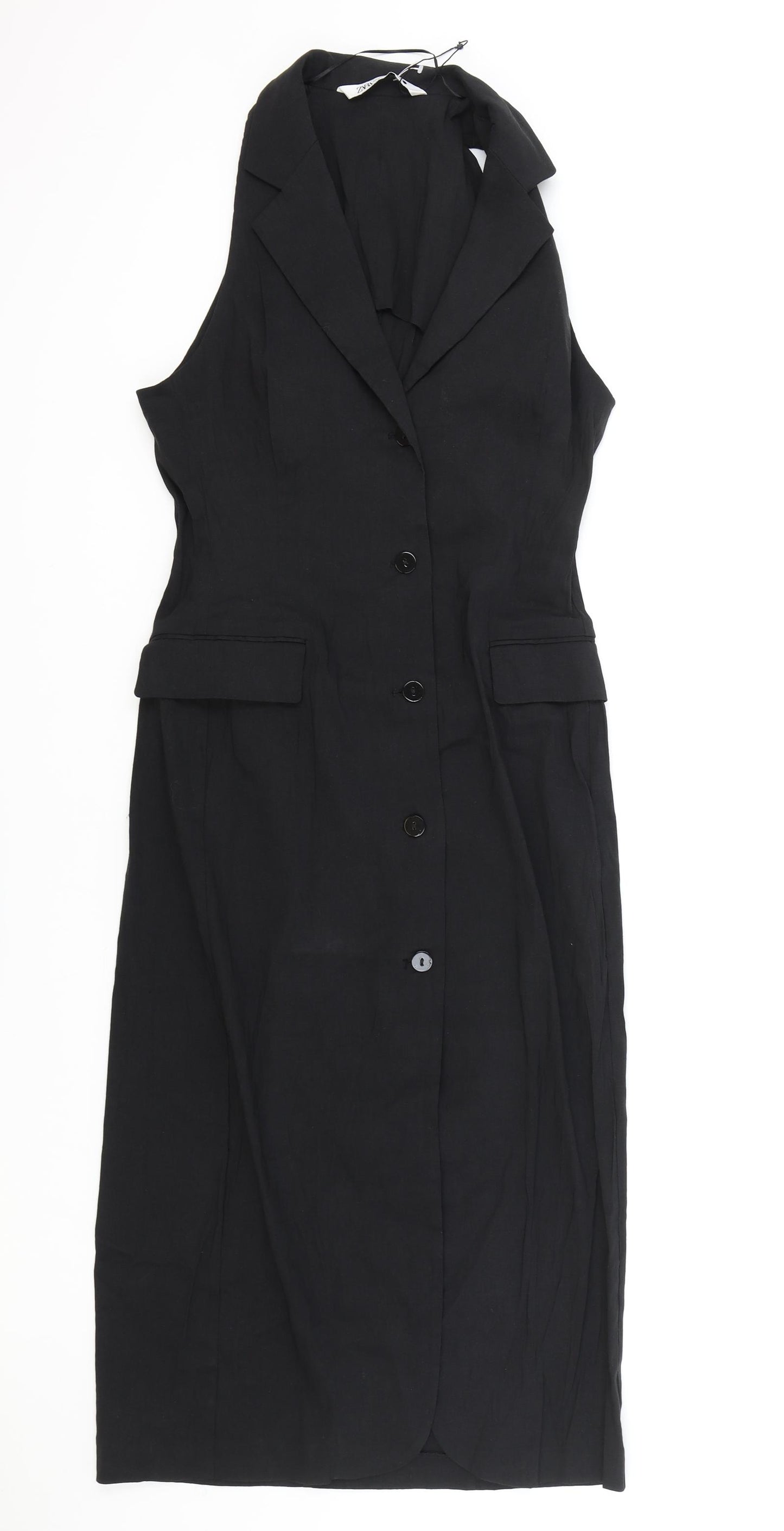 Zara Womens Black Polyester Shirt Dress Size 6 Collared Button