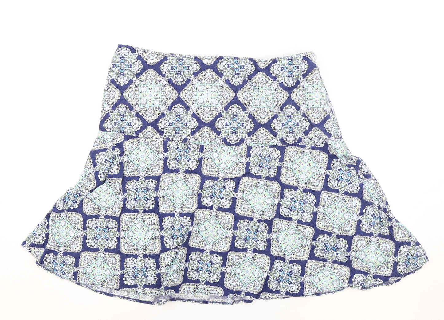 Marks and Spencer Womens Blue Geometric Linen Skater Skirt Size 14 Zip