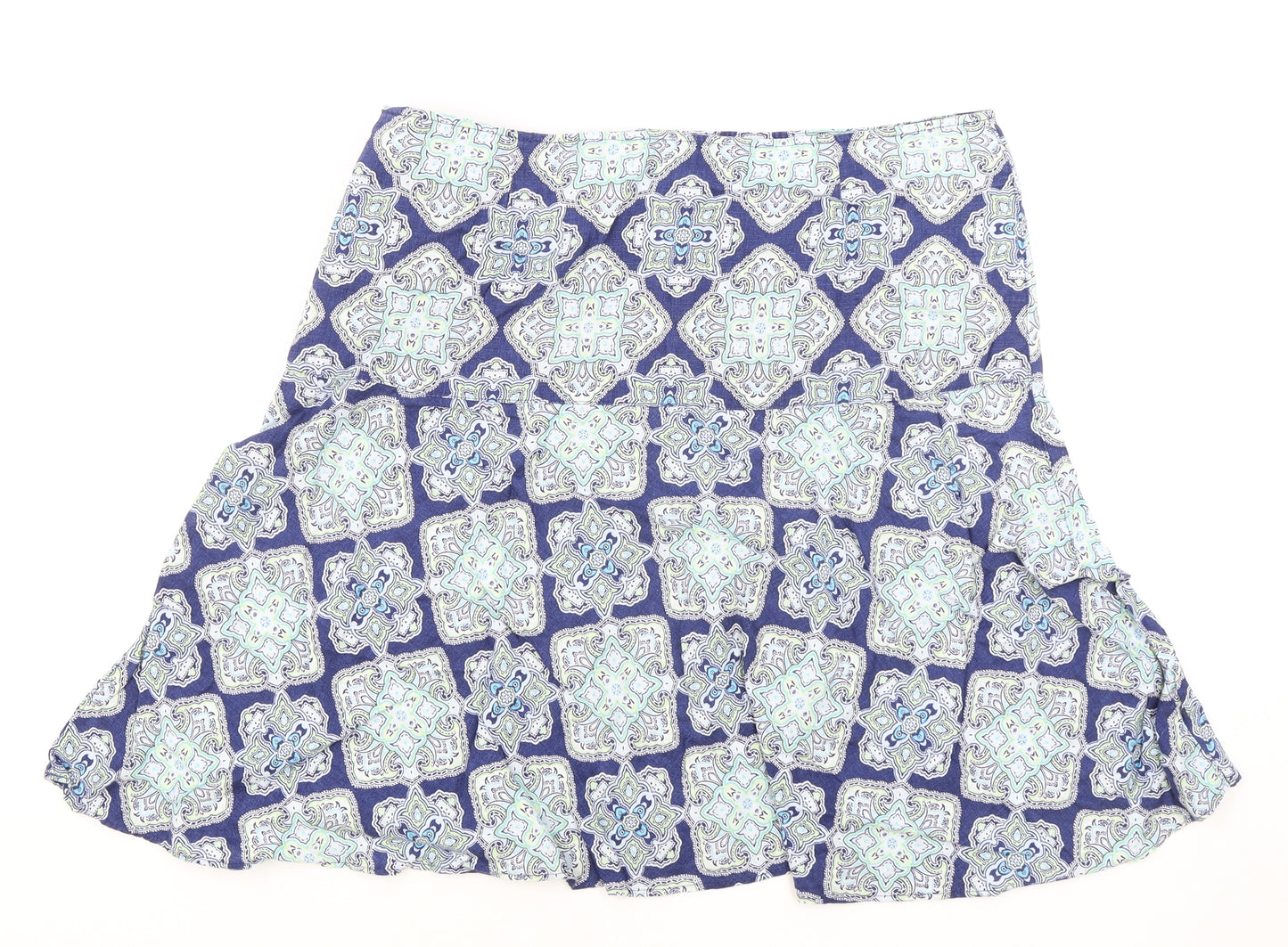 Marks and Spencer Womens Blue Geometric Linen Skater Skirt Size 14 Zip