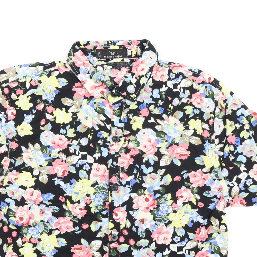 Mymstorm Womens Black Floral Polyester Basic Button-Up Size M Collared