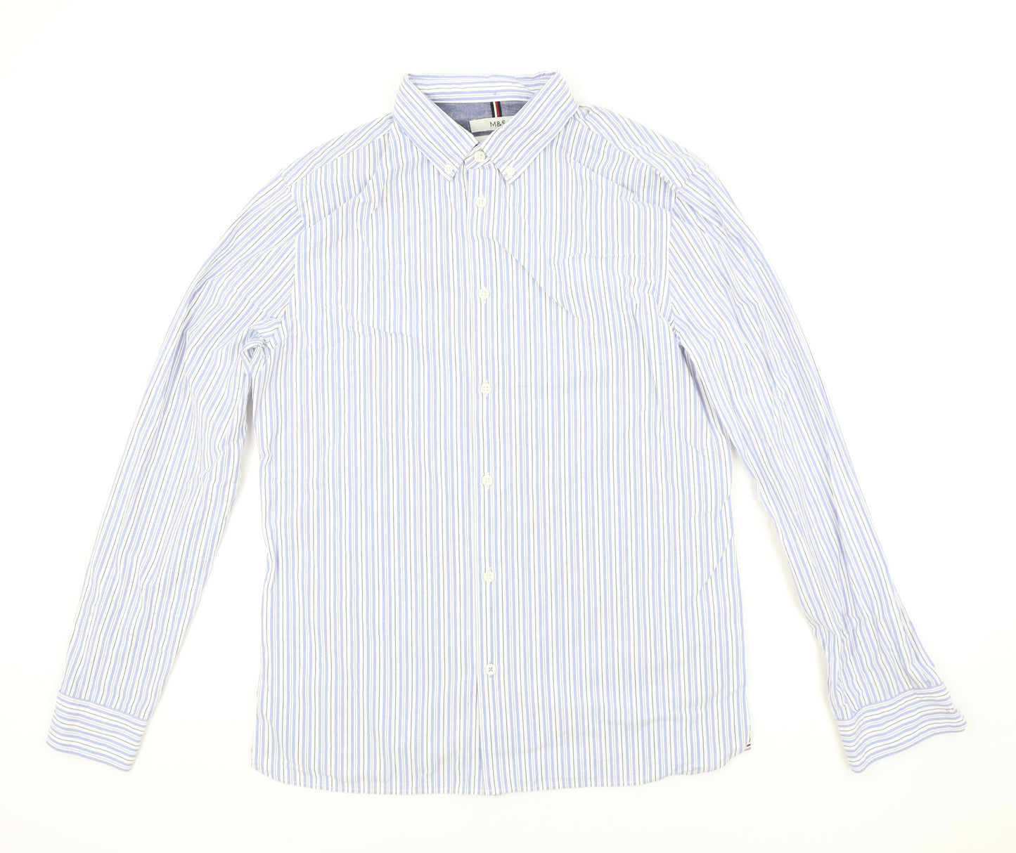 Marks and Spencer Mens Blue Striped Cotton Dress Shirt Size M Collared Button