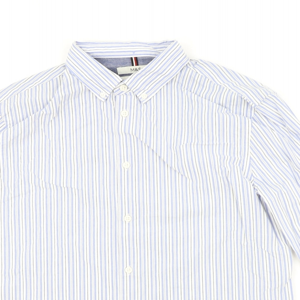 Marks and Spencer Mens Blue Striped Cotton Dress Shirt Size M Collared Button