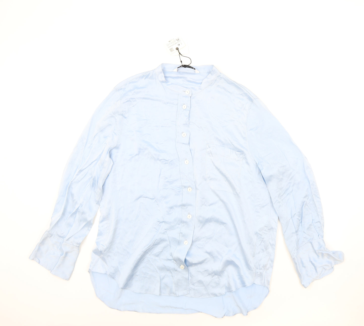 Zara Womens Blue Silk Basic Blouse Size XL Round Neck