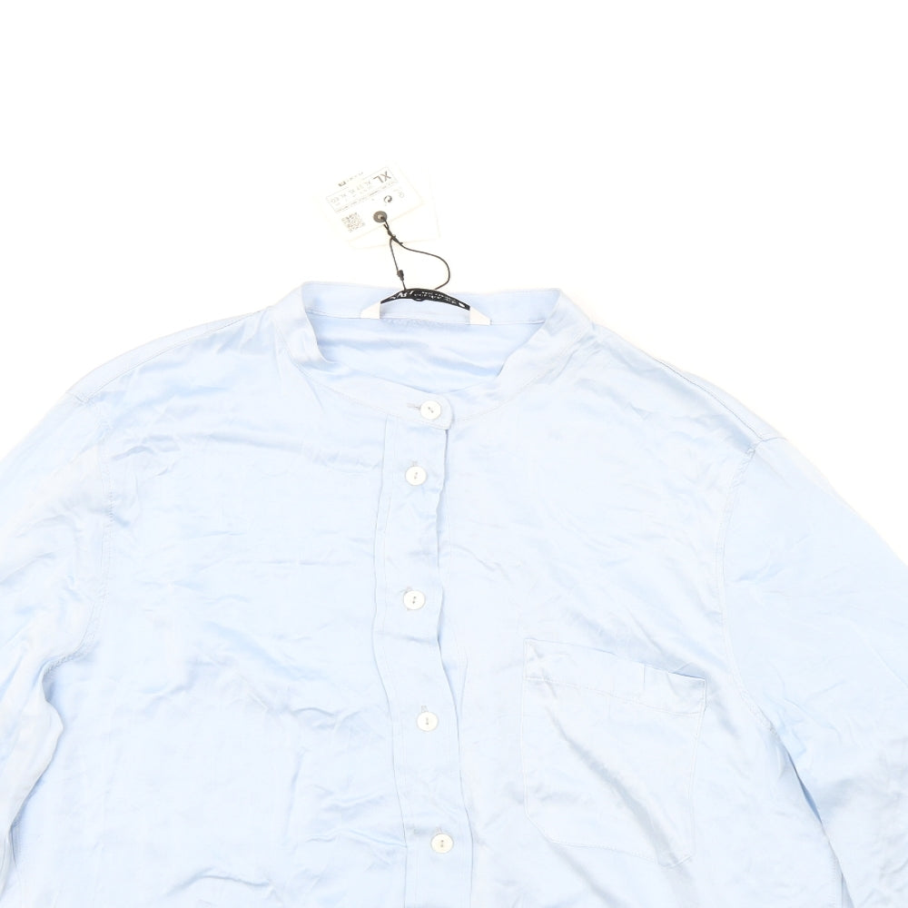 Zara Womens Blue Silk Basic Blouse Size XL Round Neck