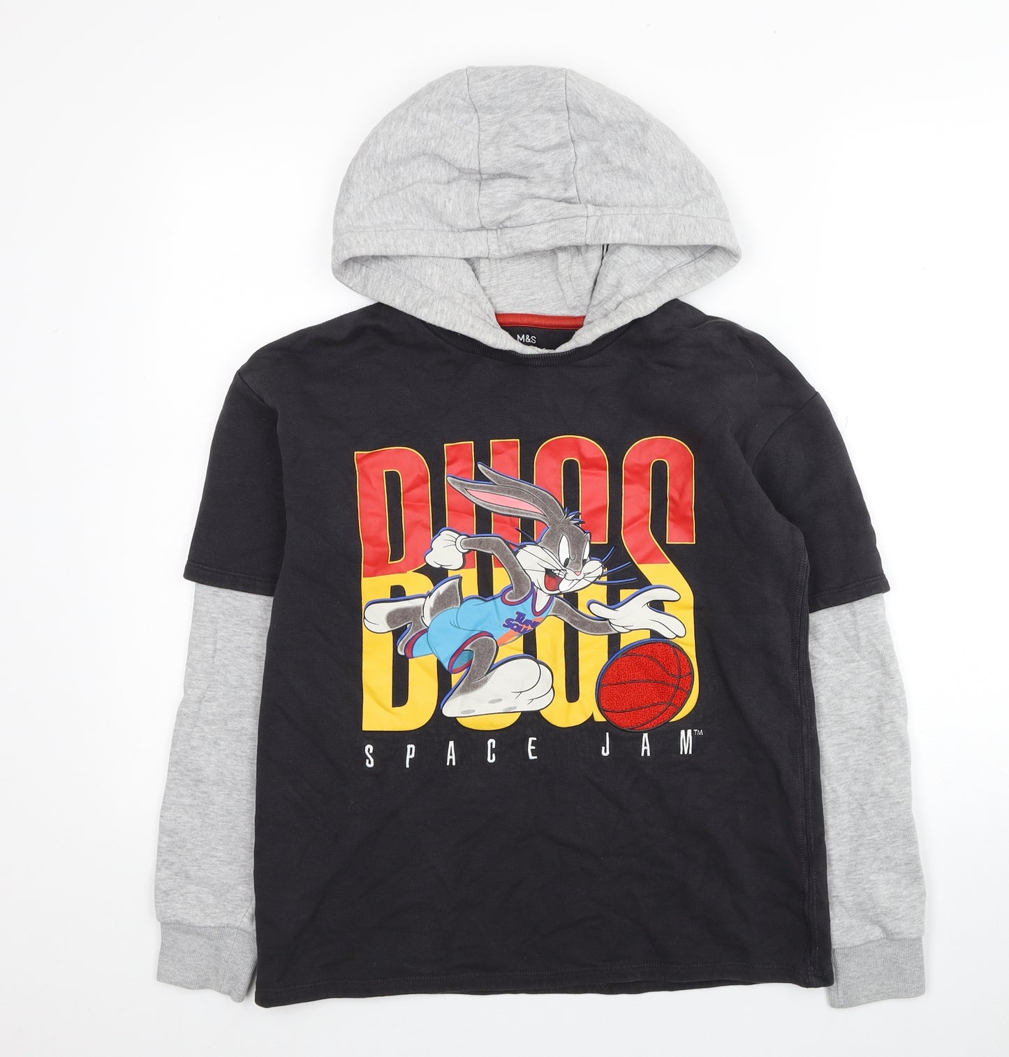 Marks and Spencer Boys Black Colourblock Cotton Pullover Hoodie Size 12-13 Years Pullover - Space Jam