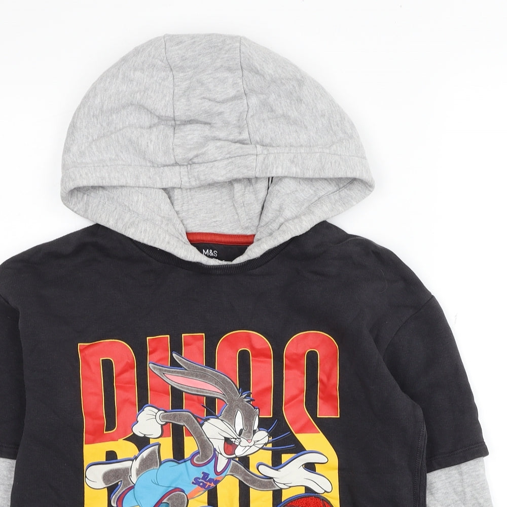 Marks and Spencer Boys Black Colourblock Cotton Pullover Hoodie Size 12-13 Years Pullover - Space Jam