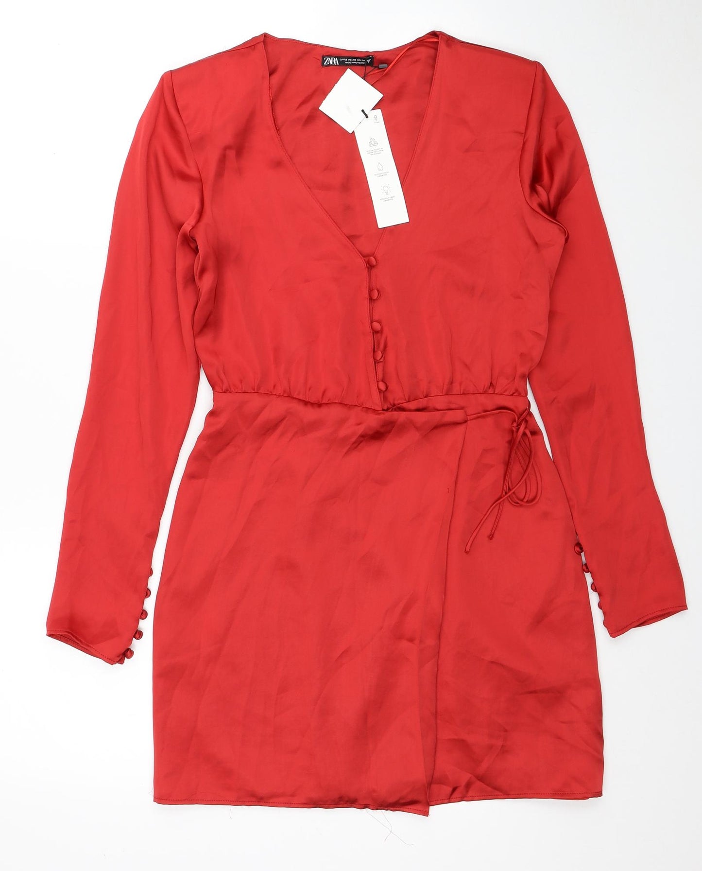 Zara Womens Red Polyester Shirt Dress Size XS V-Neck Button