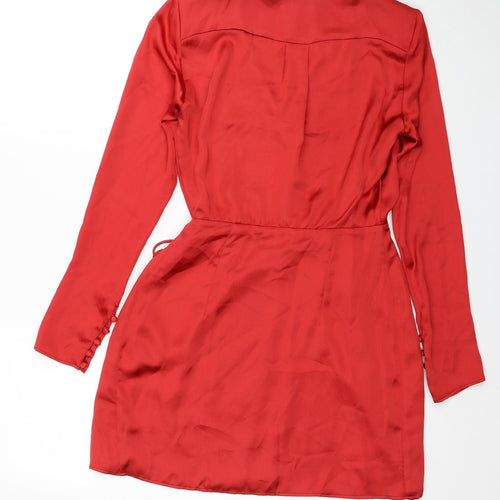 Zara Womens Red Polyester Shirt Dress Size XS V-Neck Button