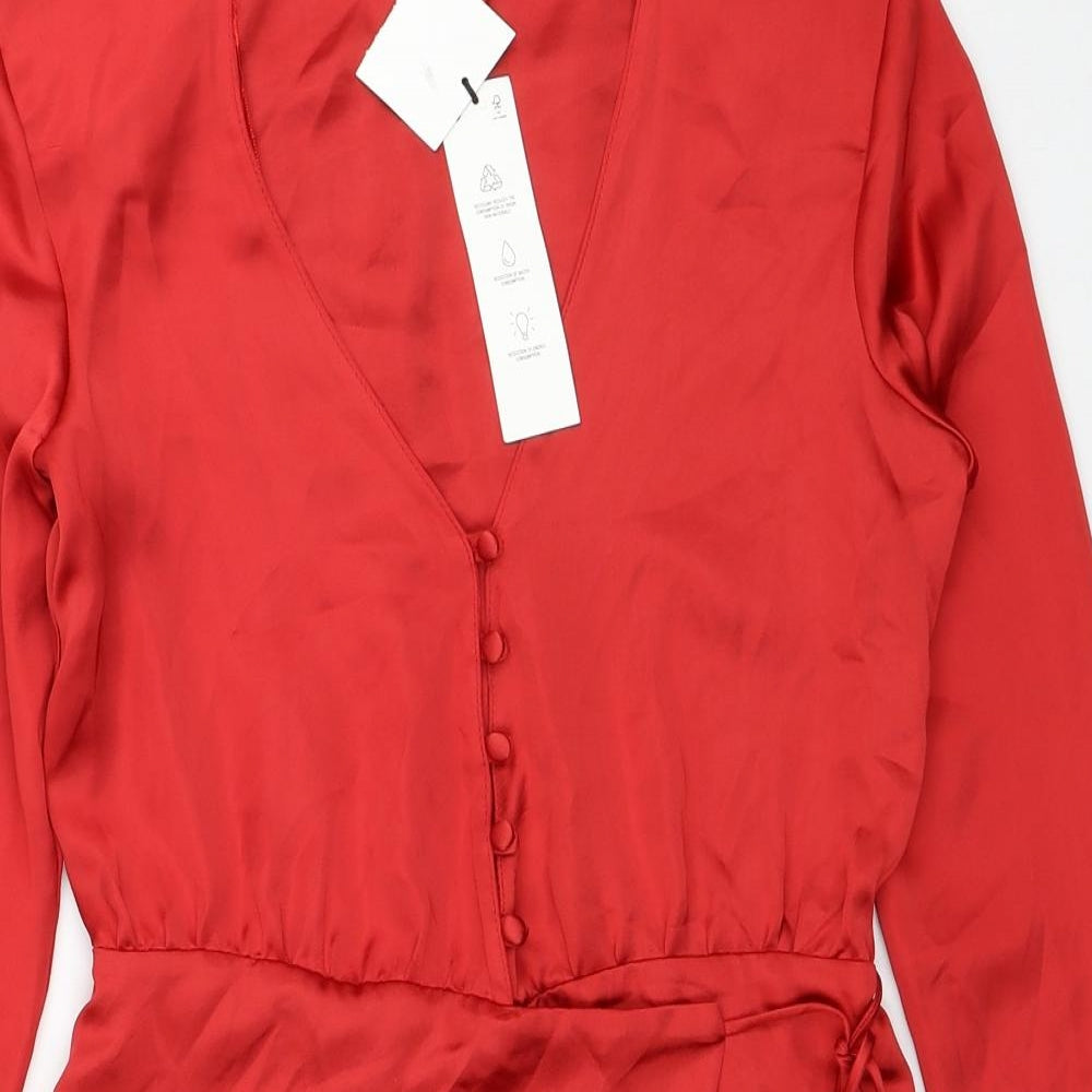 Zara Womens Red Polyester Shirt Dress Size XS V-Neck Button