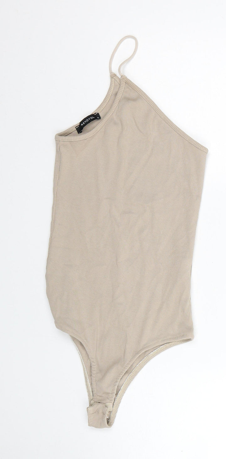 Trendyol Womens Beige Polyester Bodysuit One-Piece Size S Snap - Ribbed