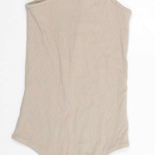 Trendyol Womens Beige Polyester Bodysuit One-Piece Size S Snap - Ribbed
