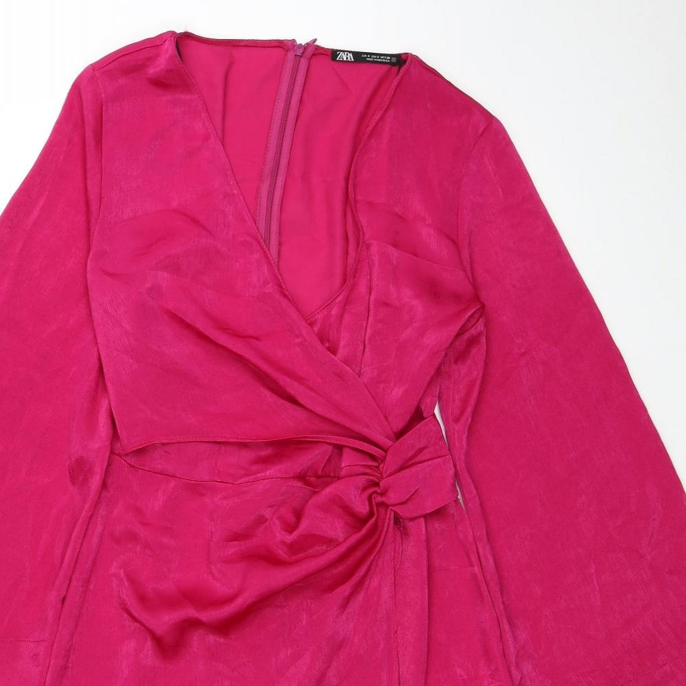 Zara Womens Pink Polyester Wrap Dress Size S V-Neck Zip