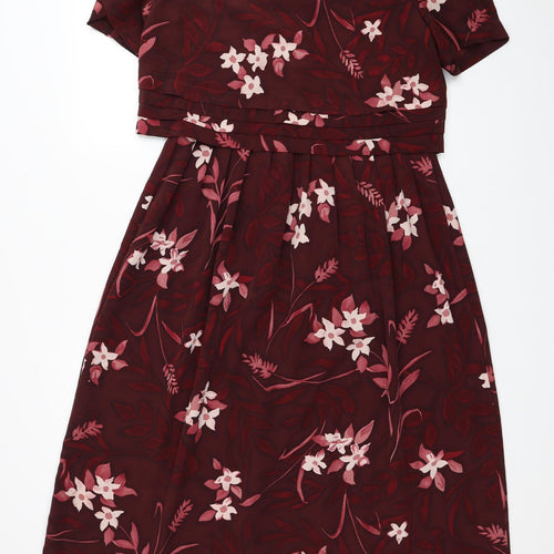 Kathie Lee Collection Womens Red Floral Polyester Fit & Flare Size 8 Round Neck Zip - Shoulder Pads